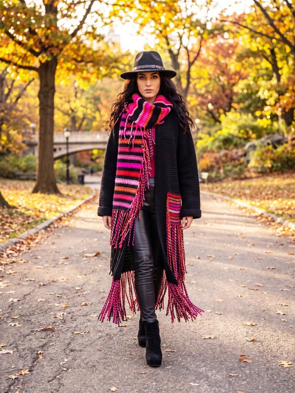 Boho Black with Large Scarf Super Fringe Cardigan Sweater (L/XL)